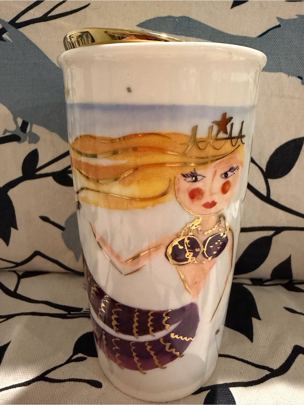 Starbucks Gold-Accented Mermaid Tumbler with Purple and Peach Artwork